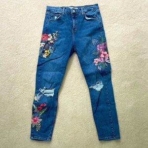 Topshop Tropical Floral Embroidered Ripped Jeans